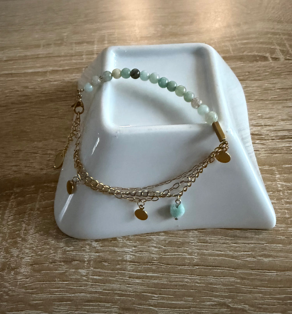 Bracelet Amazonite et Double Chaîne Dorée à Pampilles